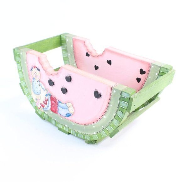 Vintage Toll Painting Watermelon Doll Folk Art Primitive Country Wooden Holder - Picture 3 of 8